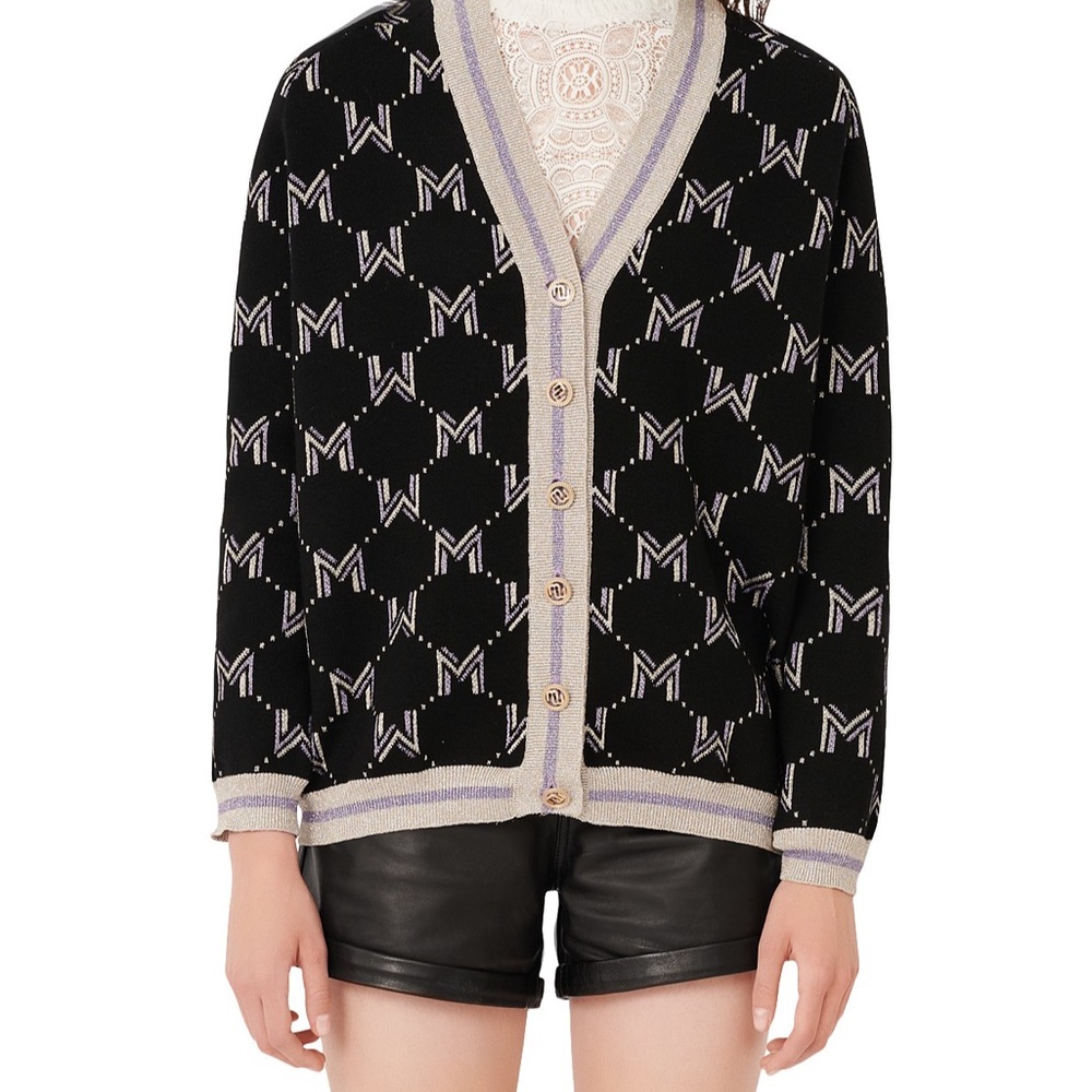 Maje Martch Monogrammed Metallic Jacquard Cardigan size 1
